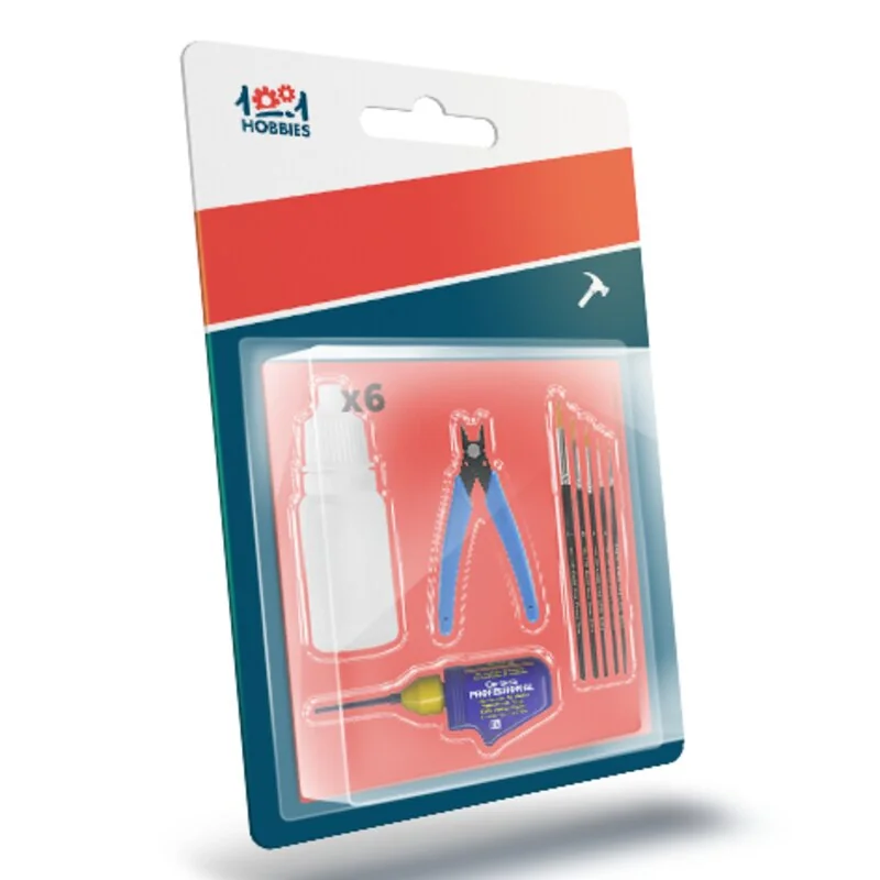 Pack with 6 paints, 5 brushes, glue and cutting pliers