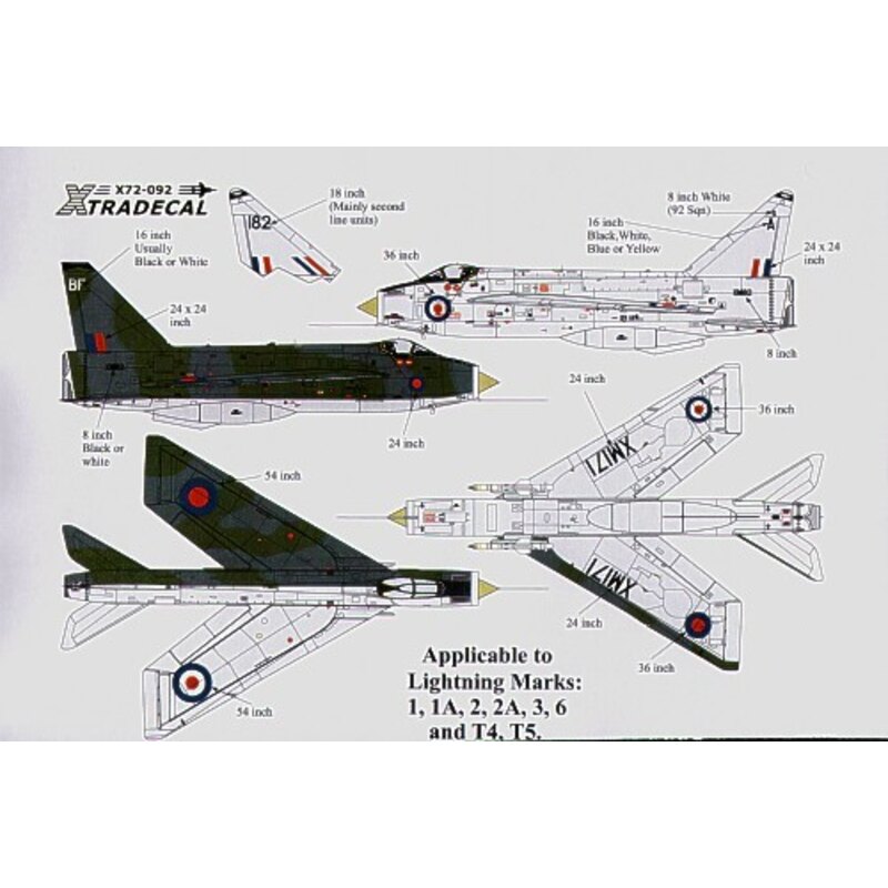 BAC/EE Lightning Customising decal. Includes underwing and fuselage serial letters and numbers fin code letters in black white y BAC/EE Lightning Customising decal. Includes underwing and fuselage serial letters and numbers fin code letters in black white y