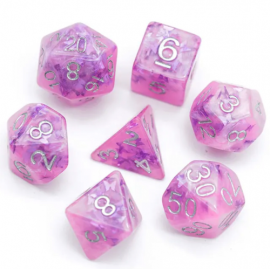 Set of 7 pink resin dice, Insert range - in box - Butterfly 